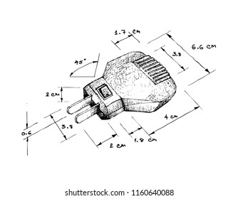 Illustration Hand Drawn Sketch Dimension of Power Plug Isolated on White Background. An Electric Equipment to be Connected to The Power Supply in Buildings and Other Sites.
