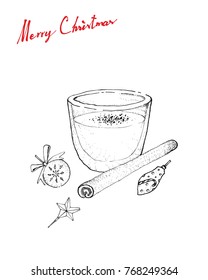 Illustration Hand Drawn Sketch of Eggnog or Egg Milk Punch Made with Milk, Cream, Sugar, Whipped Egg Whites, Egg Yolks, Cinamon and Grated Nutmeg for Christmas Season.