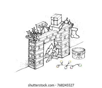 Illustration Hand Drawn Sketch of Fireplace with Gift Boxes, Holly Twigs, Stockings and Bauble Sign for Start Christmas Celebration.
