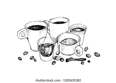 Illustration Hand Drawn Sketch of A Group of Coffee Cup, Mug, Shot Glass and Takeaway Coffee Isolated on White Background.