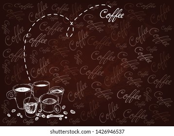 Illustration Hand Drawn Sketch of A Group of Coffee Cup, Mug, Shot Glass and Takeaway Coffee on Brown Background.
