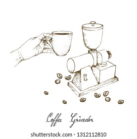 Illustration Hand Drawn Sketch of  Hand Holding A Shot of Espresso with Traditional Manual Coffee Grinder or Burr Mill Isolated on White Background.