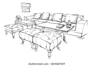 Illustration Hand drawn Sketch Interior Cafe. Decorate sofa nature style.