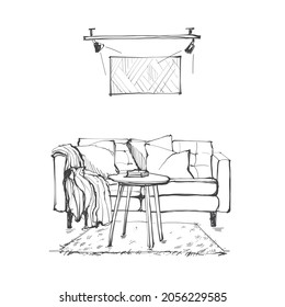 Illustration Hand drawn Sketch interior living room loft design.