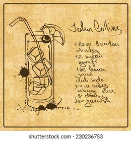 Illustration with hand drawn sketch John Collins cocktail. Including recipe and ingredients on the grunge vintage background