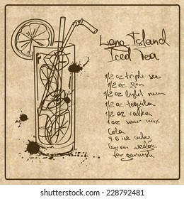 Illustration with hand drawn sketch Long Island Iced Tea cocktail. Including recipe and ingredients on the grunge vintage background