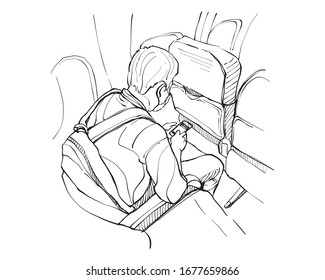 Illustration Hand drawn Sketch, A man wearing a safety mask Prevent germs, Virus Covid-19,Press the cell phone to sit on the Airplane.

