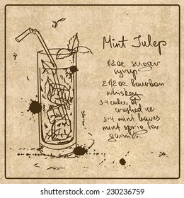 Illustration With Hand Drawn Sketch Mint Julep Cocktail. Including Recipe And Ingredients On The Grunge Vintage Background