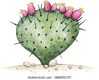 Illustration Hand Drawn Sketch of Opuntia Macrocentra Cactus, Black Spined Pricklypear or Purple Pricklypear. A Succulent Plants with Sharp Thorns for Garden Decoration.

