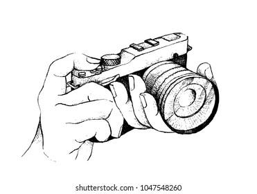 Illustration of Hand Drawn Sketch of Photographer To Take A Picture By Professional Modern Digital Camera Isolated on A White Background.
