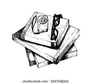 Illustration of Hand Drawn Sketch Pile of Books with Digital Camera and Glasses Isolated on White Background.