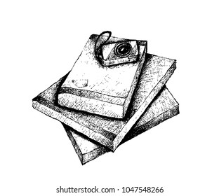 Illustration of Hand Drawn Sketch Pile of Books with Digital Camera Isolated on White Background.