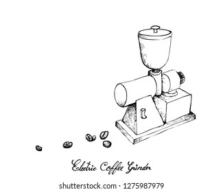 Illustration Hand Drawn Sketch of Roasted Coffee Beans with Electric Coffee Grinder or Burr Mill Isolated on White Background.