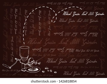 Illustration Hand Drawn Sketch of Roasted Coffee Beans with Traditional Manual Coffee Grinder or Burr Mill on Brown Background.