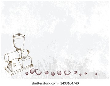 Illustration Hand Drawn Sketch of Roasted Coffee Beans with Electric Coffee Grinder or Burr Mil.