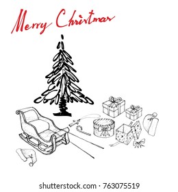Illustration Hand Drawn Sketch of Santa Claus Hat, Reindeer and Sleigh Sign Coming to Town with Gifts for Christmas Celebration.
