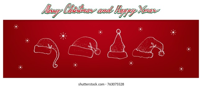 Illustration Hand Drawn Sketch of Santa Clause Hats on Red Background Waiting for Santa Claus Wearing and Coming To Town on Christmas Night. 