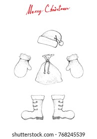 Illustration Hand Drawn Sketch of Santa Clause Hat, Boot, Bag and Mitten Waiting for Santa Claus Wearing and Coming To Town on Christmas Night. 
