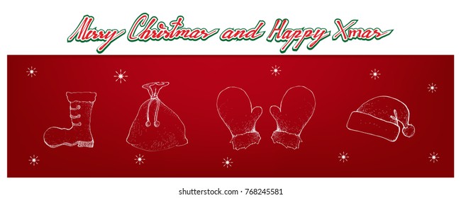 Illustration Hand Drawn Sketch of Santa Clause Hat, Boot, Bag and Mitten Waiting for Santa Claus Wearing and Coming To Town on Christmas Night. 