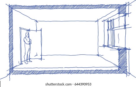 illustration of hand drawn sketch of a single empty room with window and door and man standing at the door