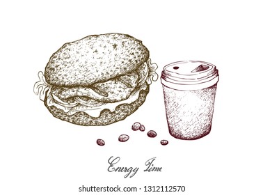 Illustration Hand Drawn Sketch of Takeaway Coffee with Grilled Grouper Sandwich or Layer Hamburger Buns Isolated on White Background.