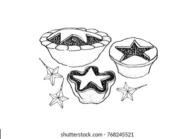 Illustration Hand Drawn Sketch of A Traditional Christmas Mince Pies Filled with A Mixture of Dried Fruits and Spices Served During The Christmas Season.