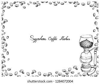Illustration Hand Drawn Sketch of Vacuum Coffee Maker or Syphon Coffeemaker with Beans Isolated on White Background. An Appliance Used to Brew Coffee.