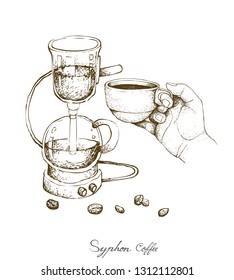 Illustration Hand Drawn Sketch of Vacuum Coffee Maker or Syphon Coffeemaker Isolated on White Background. An Appliance Used to Brew Coffee.