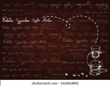 Illustration Hand Drawn Sketch of Vacuum Coffee Maker or Syphon Coffeemaker on Brown Background. An Appliance Used to Brew Coffee.