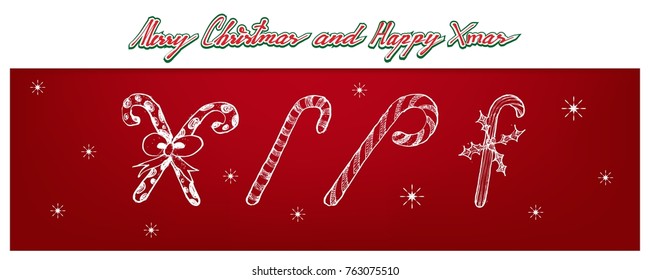 Illustration Hand Drawn Sketch of Various Colors Lovely Candy Canes with Bow and Holly Leaves, One of The Most Often Seen Symbols of Christmas. 