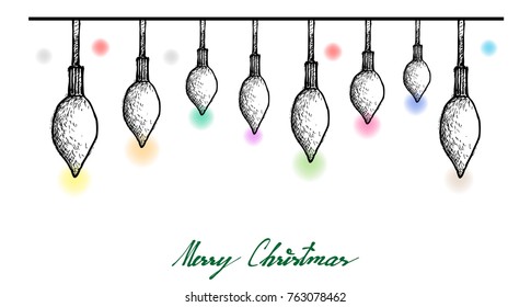 Illustration Hand Drawn Sketch of Various Style of Lovely Christmas Lights Hanging on The Air, One of The Most Often Seen Symbols of Christmas. 