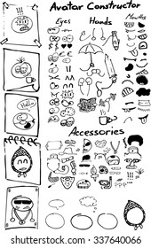 Illustration with hand drawn smiles parts for unique avatar constructor