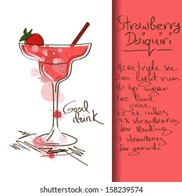 Illustration with hand drawn Strawberry Daiquiri cocktail