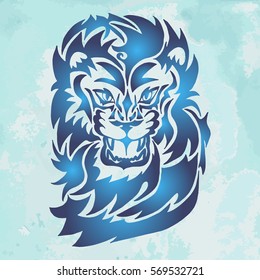 Illustration with hand drawn tattoo of lion on blue vintage paper.Tattoo design element. Heraldry and logo concept art.