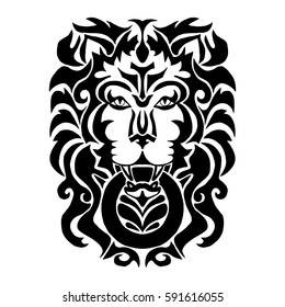 Illustration with hand drawn tattoo of lion head.Tattoo design element. Heraldry and logo concept art.
