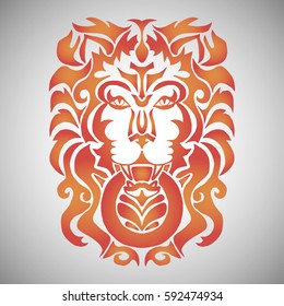 Illustration with hand drawn tattoo of lion head.Tattoo design element. Heraldry and logo concept art.