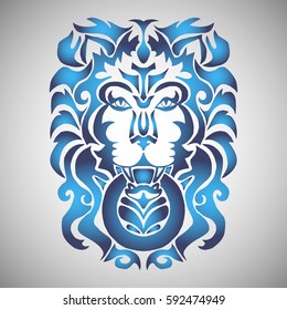 Illustration with hand drawn tattoo of lion head.Tattoo design element. Heraldry and logo concept art.