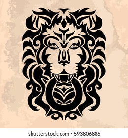 Illustration with hand drawn tattoo of lion head on vintage paper.Tattoo design element. Heraldry and logo concept art.