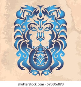 Illustration with hand drawn tattoo of lion head on vintage paper.Tattoo design element. Heraldry and logo concept art.