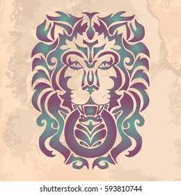 Illustration with hand drawn tattoo of lion head on vintage paper.Tattoo design element. Heraldry and logo concept art.