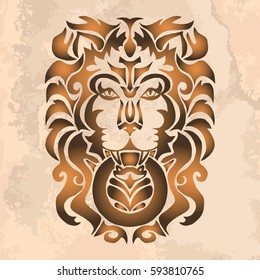 Illustration with hand drawn tattoo of lion head on vintage paper.Tattoo design element. Heraldry and logo concept art.