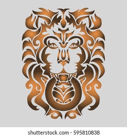 Illustration with hand drawn tattoo of lion head.Tattoo design element. Heraldry and logo concept art.