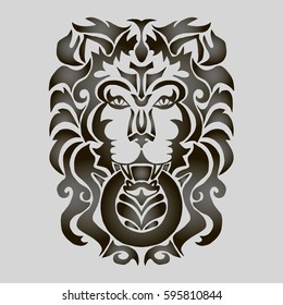 Illustration with hand drawn tattoo of lion head.Tattoo design element. Heraldry and logo concept art.