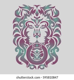 Illustration with hand drawn tattoo of lion head.Tattoo design element. Heraldry and logo concept art.