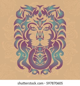 Illustration with hand drawn tattoo of lion head on brown background with mandalas.Tattoo design element. Heraldry and logo concept art.