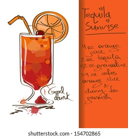 Illustration with hand drawn Tequila Sunrise cocktail