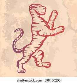 Illustration with hand drawn tiger on vintage paper.Tattoo design element. Heraldry and logo concept art.