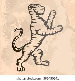 Illustration with hand drawn tiger on vintage paper.Tattoo design element. Heraldry and logo concept art.