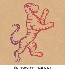 Illustration with hand drawn tiger on brown background with mandalas.Tattoo design element. Heraldry and logo concept art.