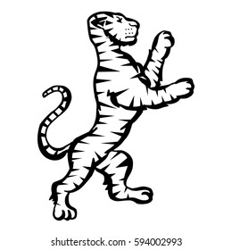 Illustration with hand drawn tiger.Tattoo design element. Heraldry and logo concept art. Drawing for coloring book.